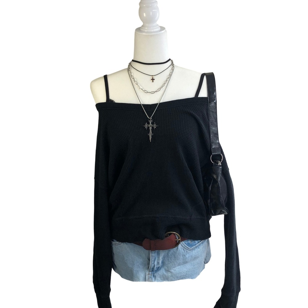OFFLINE by Aerie Waffle Knit Off Shoulder Top Black Cami Strap Long Sleeve XS